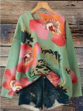 SHEIN Mint Green Floral Crew Neck Sweater with Coral Blooms